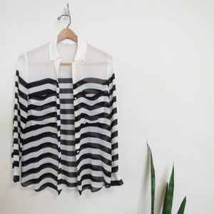 Club Monaco Silk Top Medium Sheer Long Sleeve Button Down Shirt Black Off White